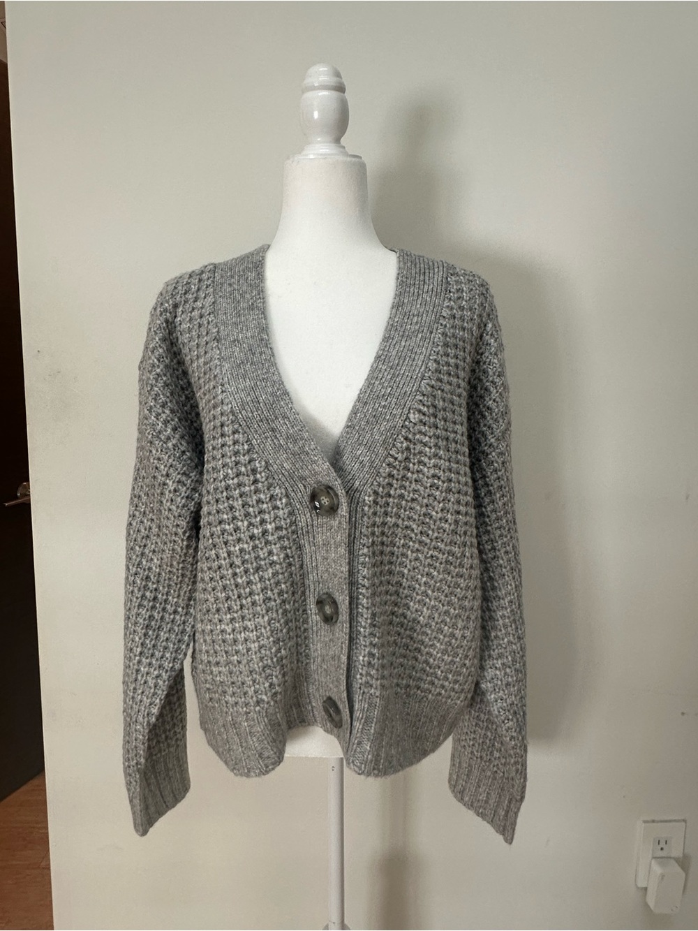 Gray V‑Neck Button Front Women's Sweater Cardigan